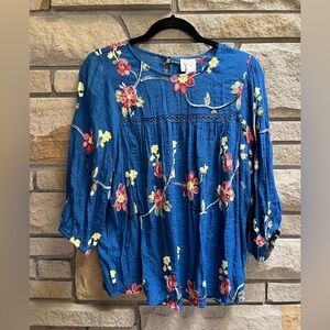 Anthropologie Fig & Flower Blue Embroidered Boho Peasant Top Floral Crochet xl